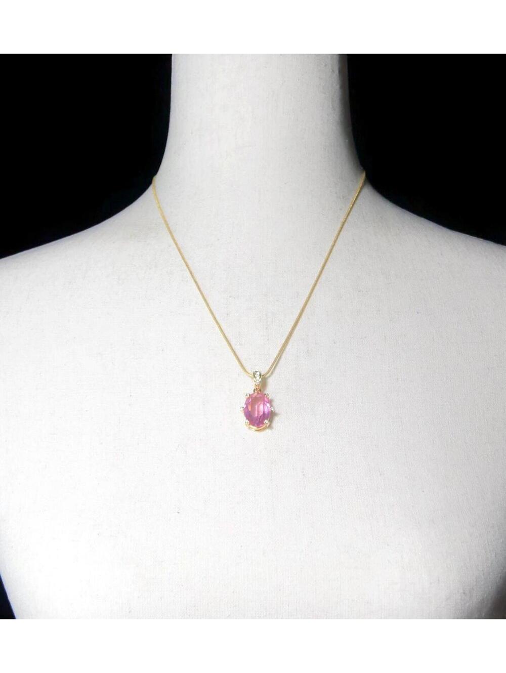 VTG Gold Tone, Pink Acrylic & Clear Stones Faceted Pendant Necklace, 18" Chain. - Picture 2 of 5